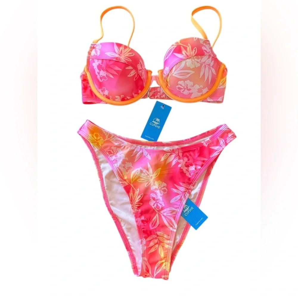 Cupshe Bikini Neon Hibiscus Floral Pink and Orange Set with Underwire Top - Picture 3 of 11